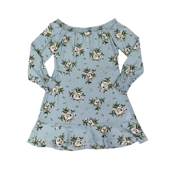 Divided Dress Women 14 Blue Floral Smocked Off Shoulder Hidden Side Zip Mini H&M - Picture 1 of 13